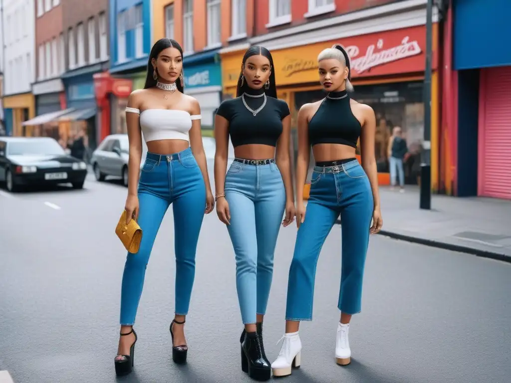 Moda noventera: Mujeres con estilo en la ciudad Un grupo diverso de mujeres jóvenes vistiendo tendencias icónicas de los 90, en una calle urbana de la época