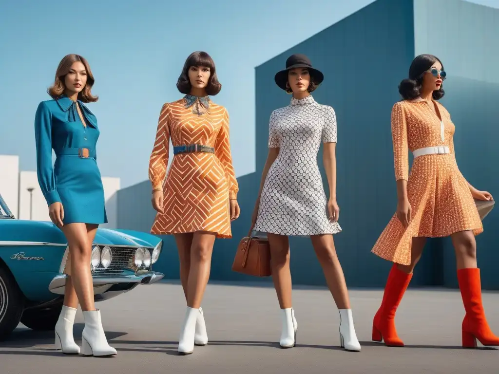 Revolución de la moda femenina de los 60s y 70s Grupo diverso de mujeres en moda de los 60s y 70s, reflejando la transformación silueta femenina siglo XX