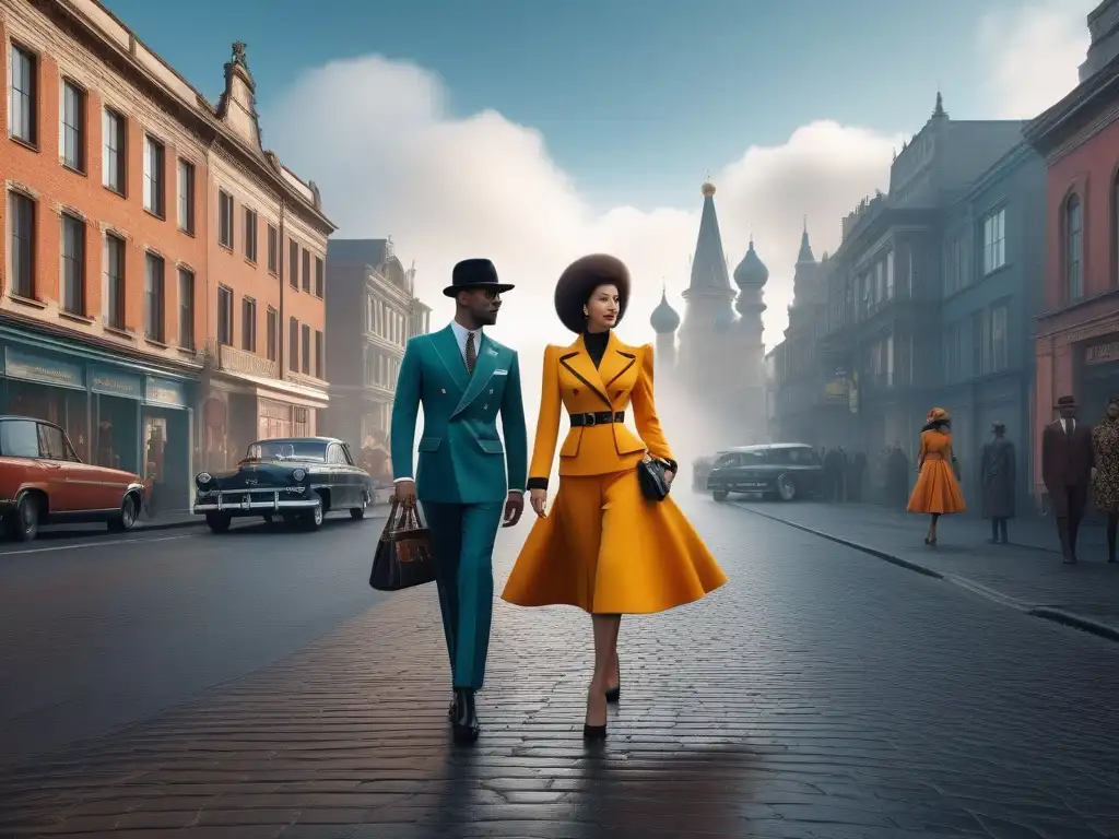 Épocas unidas: diversidad y estilo en moda retro Un grupo diverso de personas de distintas décadas viste moda retro caminando en una ciudad vibrante, reflejando la unión y diversidad
