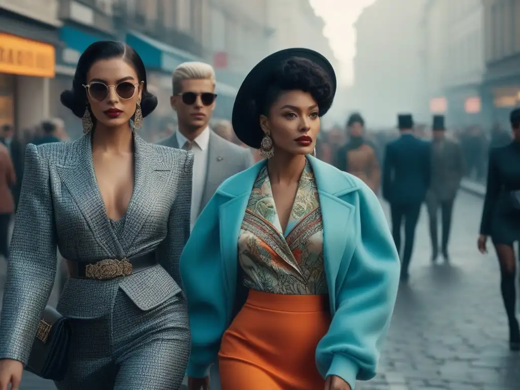 Desfile urbano: diversidad y estilo retro en la ciudad Un grupo diverso de personas en moda retro camina con confianza por la ciudad, simbolizando el cambio cultural