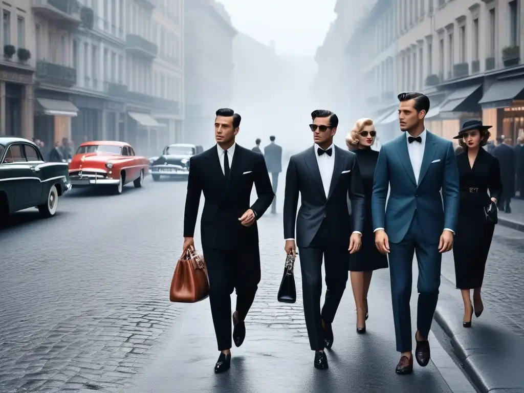 Un grupo elegante pasea por la ciudad en los años 50, capturando la influencia de la moda de 'La Dolce Vita'
