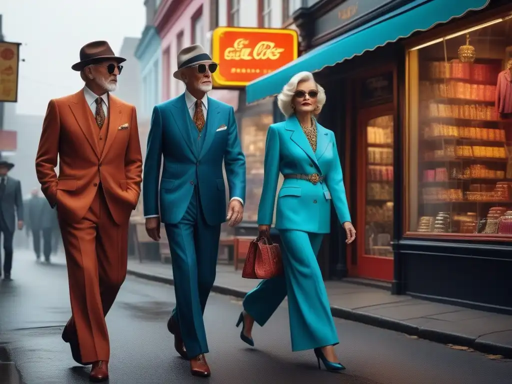 Estilo vintage en la ciudad: moda retro de décadas pasadas Un grupo de elegantes mayores redefiniendo el estilo retro moda, paseando con confianza por una calle llena de tiendas vintage