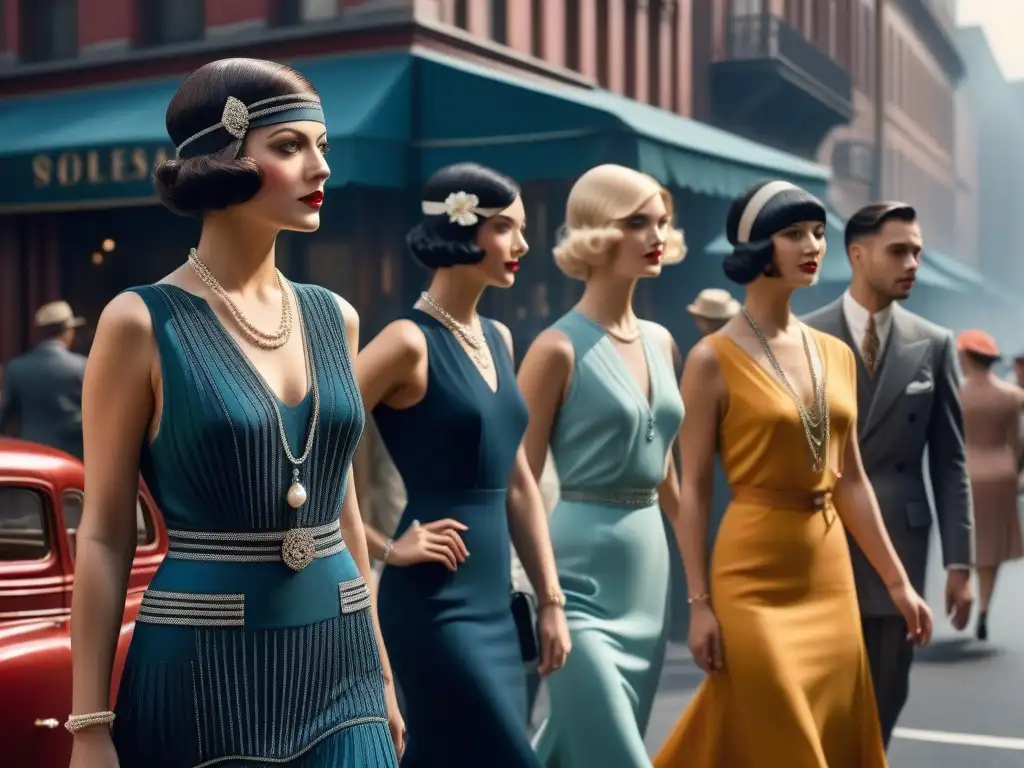 Un grupo de elegantes mujeres de la década de 1920 caminando por la ciudad, reflejando la transformación del vestuario femenino