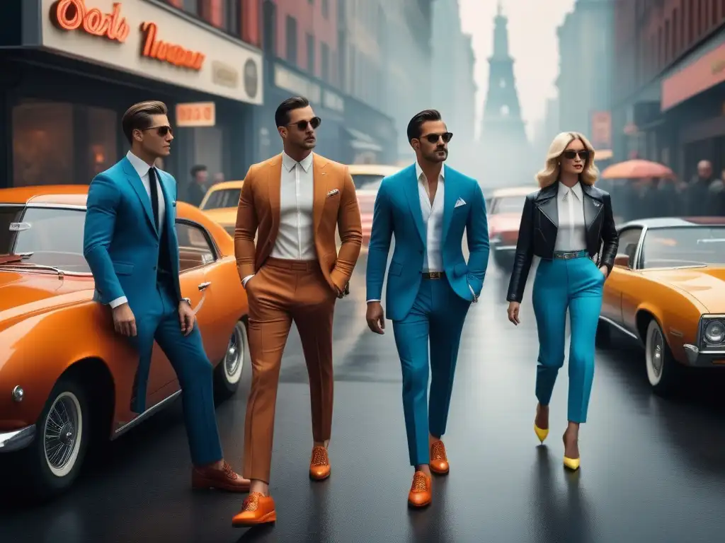 Estilo retro en la ciudad: moda de los 70 desde las alturas Grupo con estilo retro moda años 70 en bulliciosa ciudad, vista aérea
