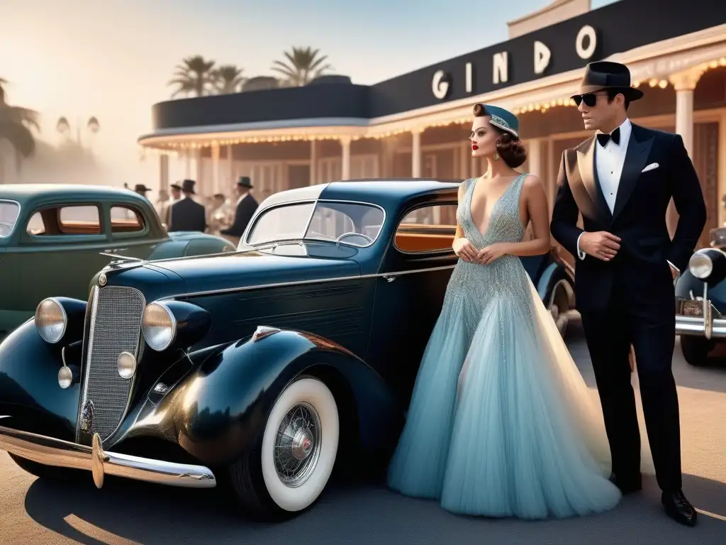 Estrellas de Cine Glamorosas de los 30s y 40s en Estudio de Hollywood Grupo de estrellas de cine glamorosas de los años 30s con accesorios cinematográficos y moda retro, en un set de Hollywood de la época