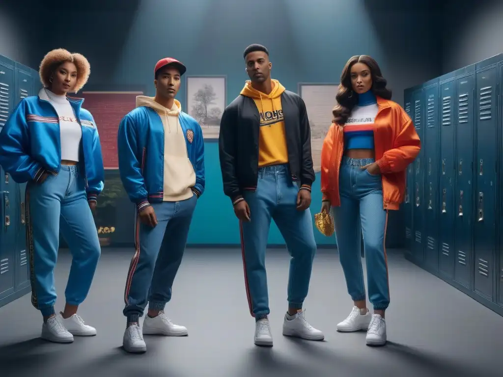 Un grupo de jóvenes estudiantes con moda retro inspirada en programas de TV de los 90 en escuela