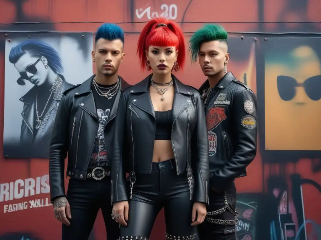 Influencers punk de los 90 en la calle Un grupo de figuras punk de los 90 con impacto en moda, destacando estilos únicos en una calle llena de graffiti y posters de bandas icónicas