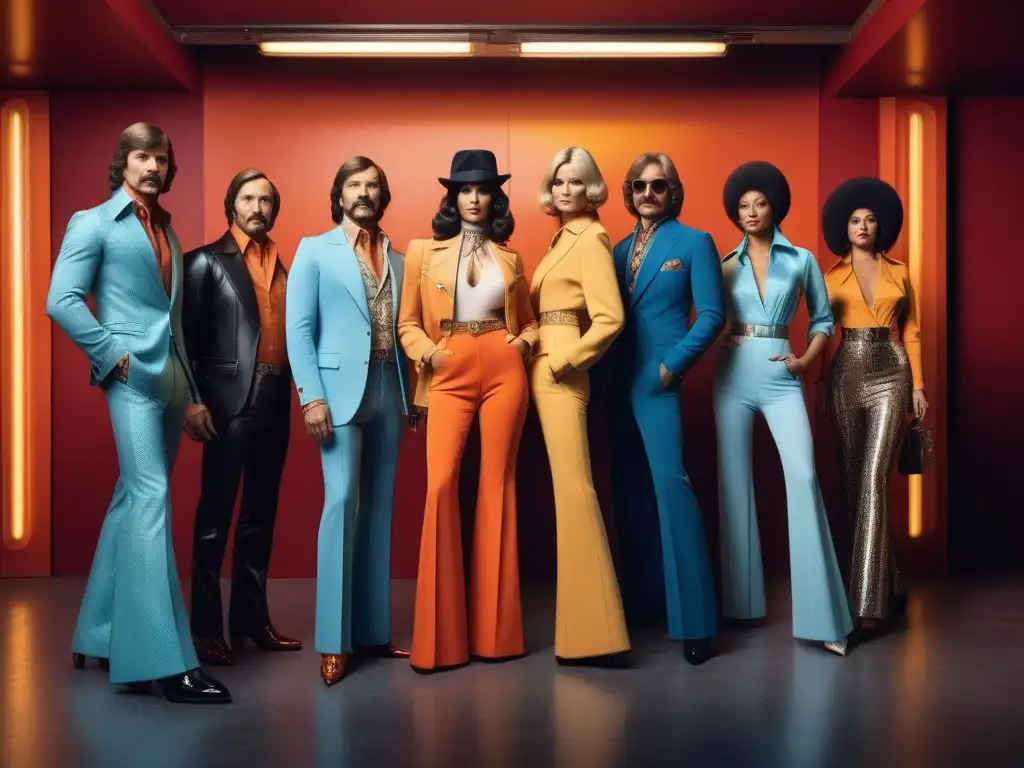 Iconos de moda de los 70: Estilo disco en Studio 54 Grupo icónico de figuras de la moda de los años 70 con estilo retro, exudando glamour y carisma en un ambiente disco vibrante como Studio 54