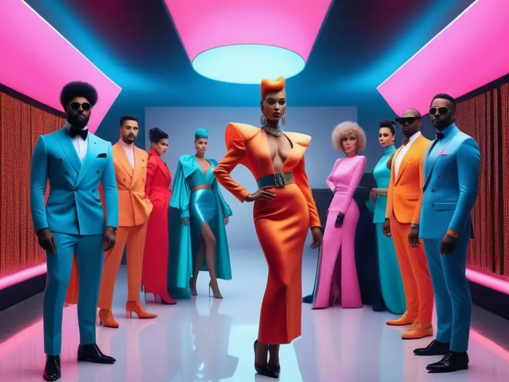 Íconos de la moda de los 80 en Met Gala del futuro Un grupo icónico de figuras de la moda retro de los años 80 en un escenario futurista del Met Gala, rodeados de colores neón y luces brillantes