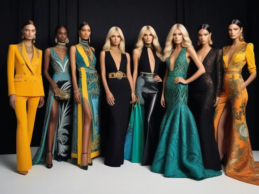 Backstage Versace: Iconos 70s en vibrante moda Grupo de iconos de la moda de los años 70 de Versace en un backstage vibrante y glamuroso