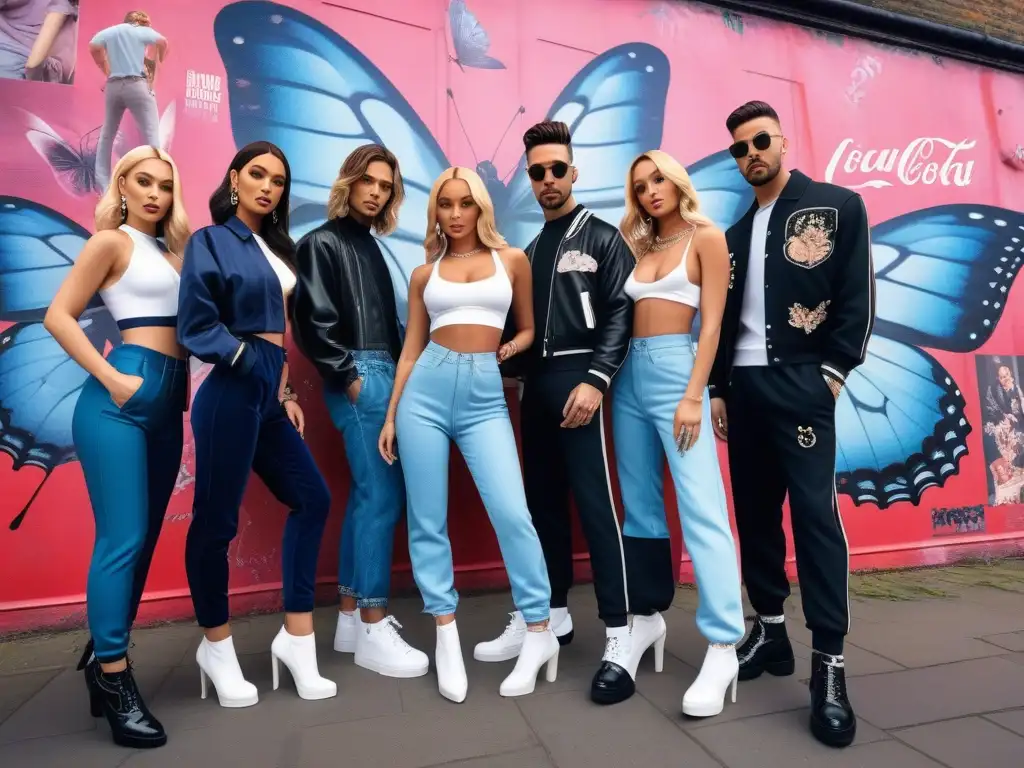 Influencers de moda reviven los 2000 frente a grafitis de ídolos pop Un grupo de influencers viste moda retro años 2000 frente a una pared graffiteada con posters de Britney y Justin Timberlake