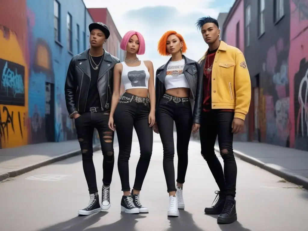 Estilo urbano de los 2000: jóvenes en moda emo Un grupo de jóvenes diversos con moda urbana de los años 2000 en una calle de la ciudad, capturando la historia de la moda emo