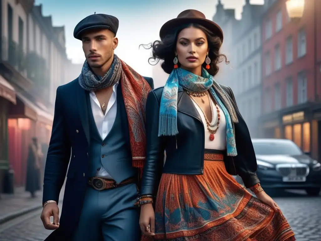 Bohemian chic: Estilo gypsy urbano del siglo XX Un grupo de jóvenes con estilo gitano moda retro siglo XX en un entorno urbano moderno