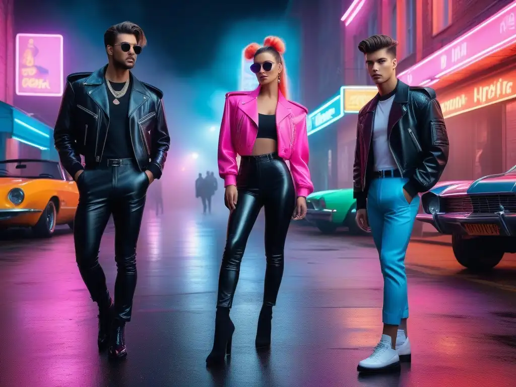 Retrato detallado de jóvenes en moda pop de los 80 Un grupo de jóvenes en moda retro años 80 música, posando con estilo en una calle vibrante de la ciudad