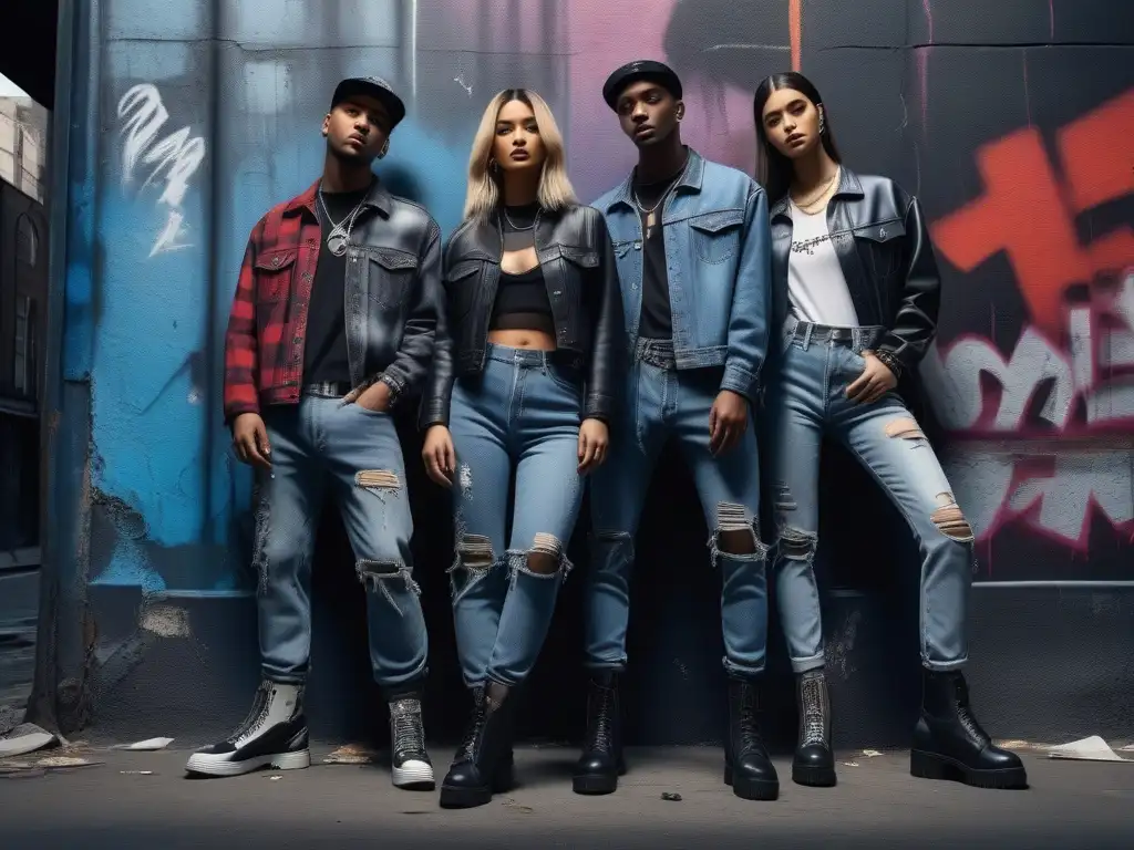 Jóvenes rebeldes en la era del grunge frente a un mural callejero Un grupo de jóvenes en moda grunge de los años 90 frente a un muro lleno de grafitis en un callejón urbano