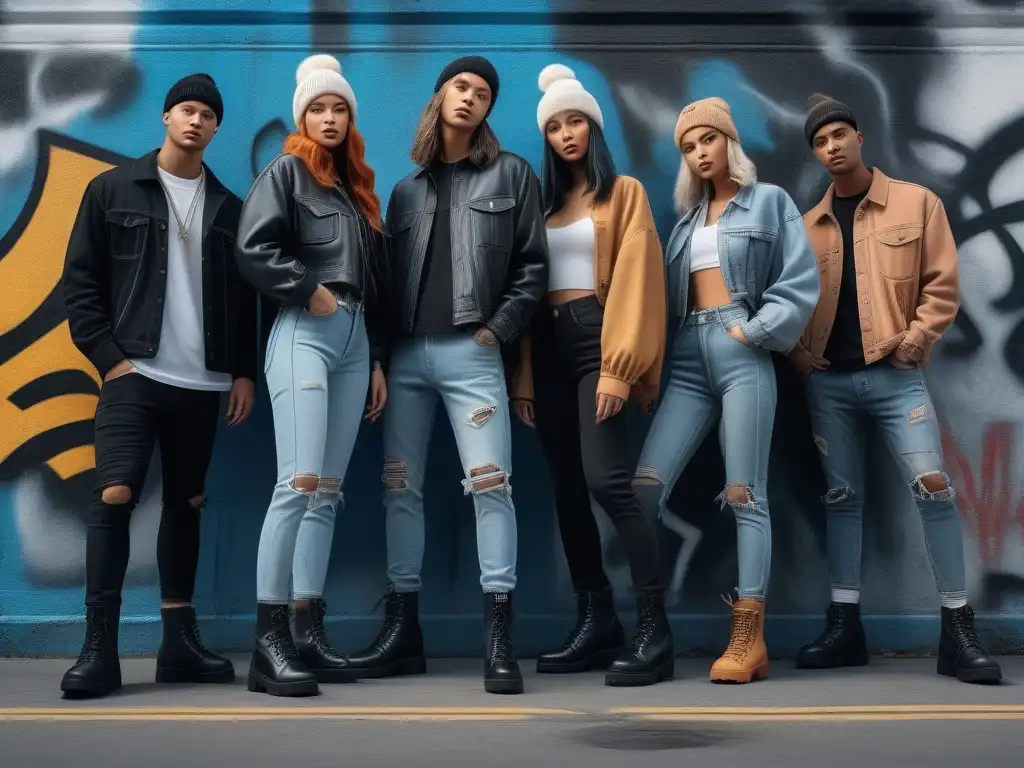 Rebeldía noventera: jóvenes en estilo grunge urbano Grupo de jóvenes vistiendo moda grunge años 90 tendencias, rodeados de grafitis en entorno urbano