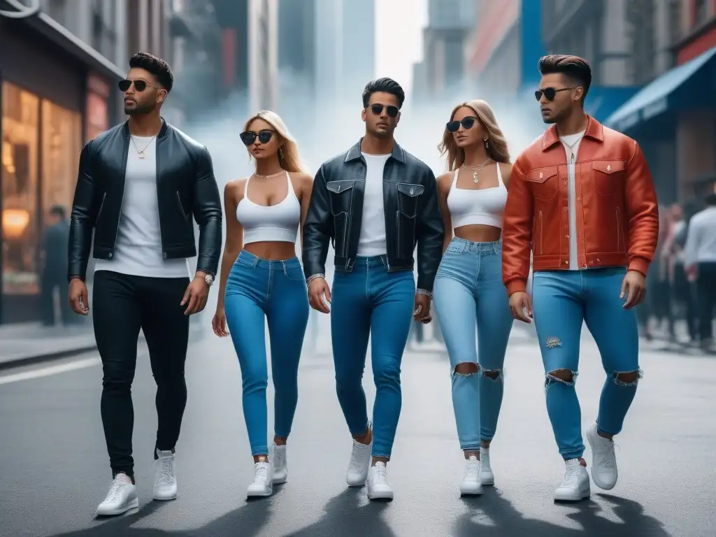 Estilo urbano: jóvenes con moda de los 2000 en la ciudad Un grupo de jóvenes con moda retro años 2000 influencias pasea por una calle urbana moderna