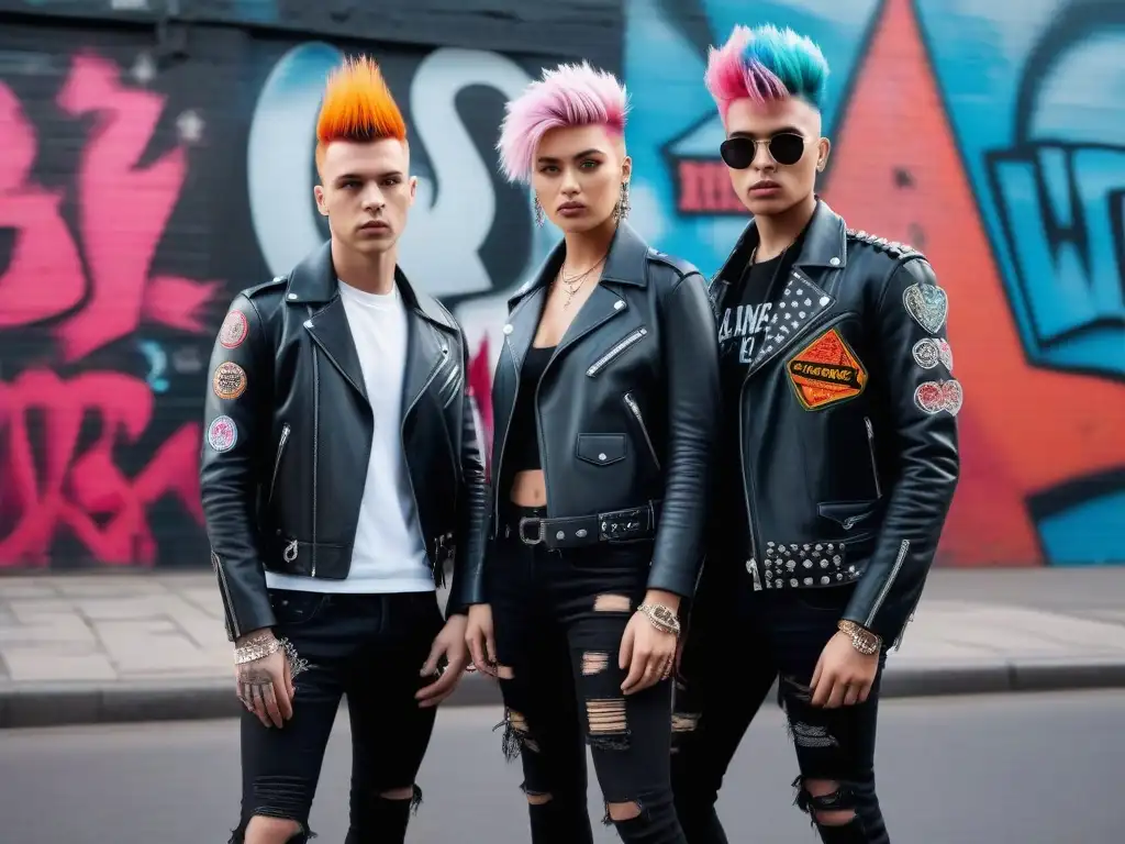Jóvenes punks rebeldes en la ciudad Un grupo de jóvenes punks con cabello colorido y atuendos rebeldes posan frente a una pared llena de grafitis