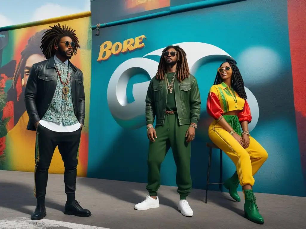 Jóvenes rebeldes en moda reggae frente a mural de Bob Marley Un grupo de jóvenes diversos viste ropa vibrante inspirada en el reggae frente a un mural de Bob Marley