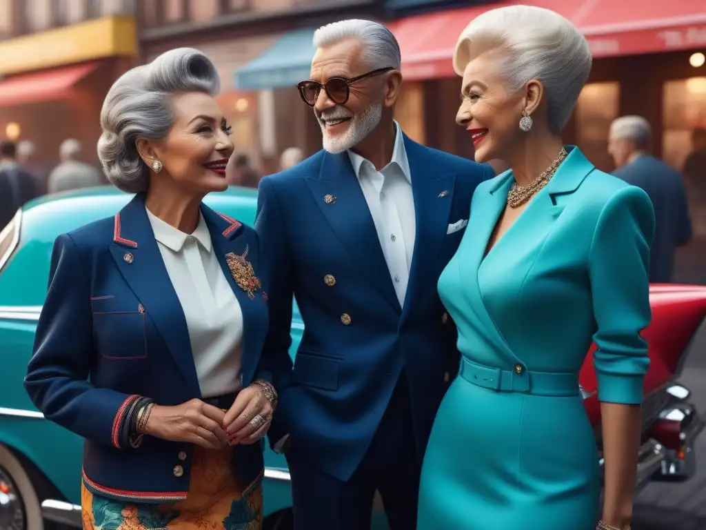 Moda retro: ancianos seguros y alegres en la ciudad Un grupo de mayores redefiniendo el estilo retro con moda vintage, riendo y disfrutando juntos en la ciudad