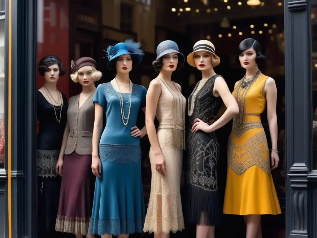 Un grupo de mujeres de los años 20 frente a una tienda de ropa, mostrando la transformación del vestuario femenino de la década de 1920