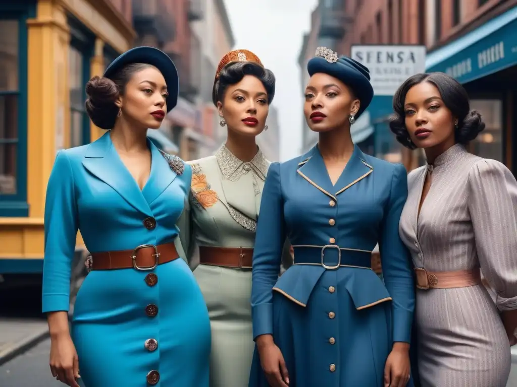 Empoderamiento femenino: Mujeres de la era del sufragio en moda retro Un grupo de mujeres diversas en vestimenta sufragio femenino empoderamiento retro, expresando fuerza y determinación en la era del sufragio