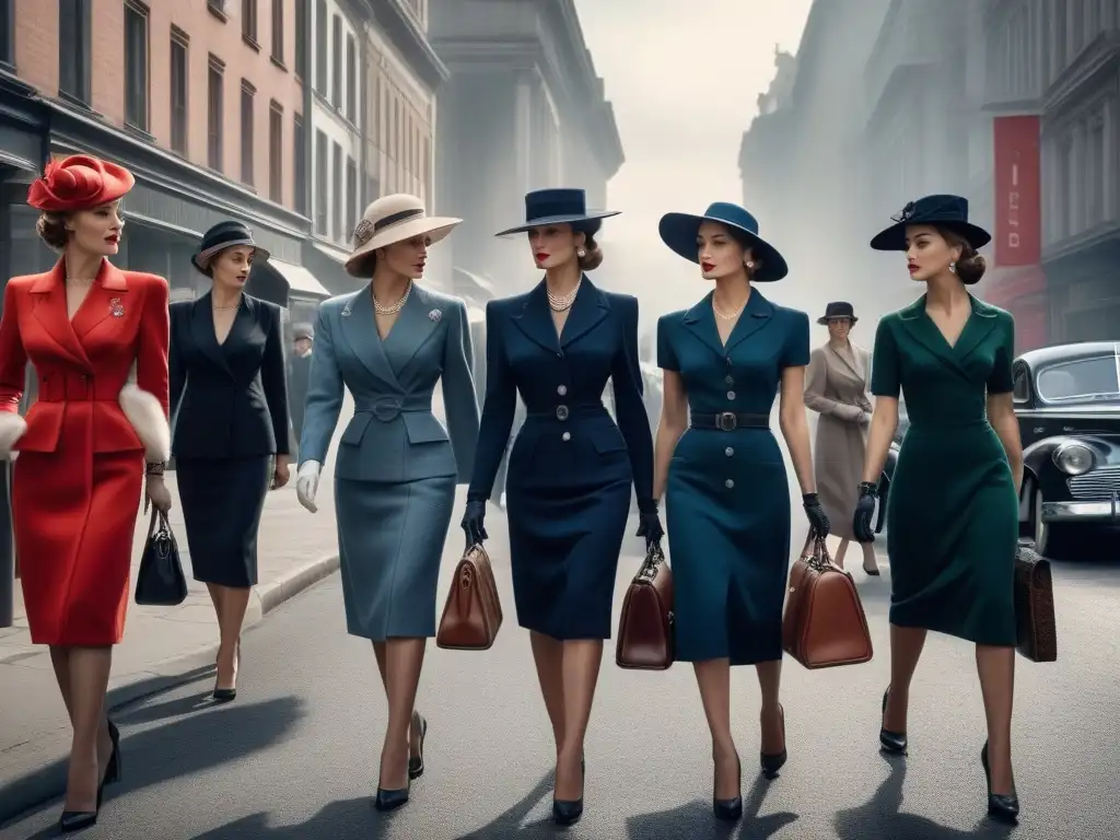 Mujeres elegantes de los años 40 paseando con sombreros vintage Un grupo de mujeres elegantes de los años 40 paseando por una concurrida calle de la ciudad luciendo sombreros femeninos retro elegantes