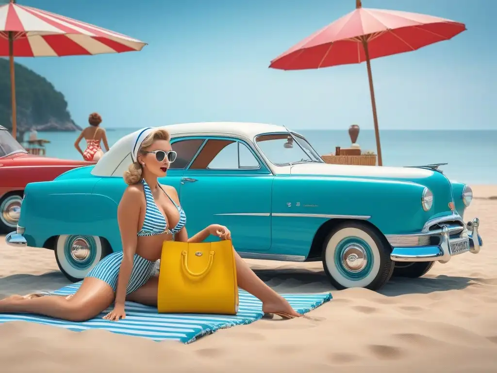 Mujeres estilosas en playa retro de los años 50 Un grupo de mujeres elegantes en bikinis retro de los 50, relajándose en la playa bajo sombrillas a rayas