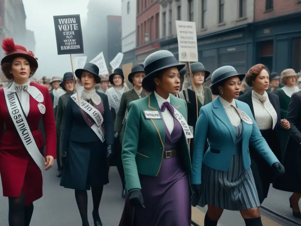 Mujeres sufragistas del siglo XX en marcha por el voto femenino Grupo de mujeres en marcha con vestimenta sufragio femenino empoderamiento retro, luchando por derechos de voto en ciudad del siglo XX