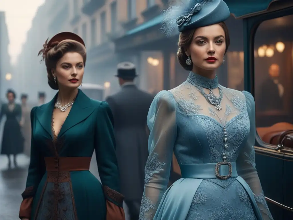 Evolution of female silhouettes: mujeres elegantes de los años 1910 Grupo de mujeres elegantemente vestidas en la moda retro del siglo XX, mostrando la evolución de la silueta femenina