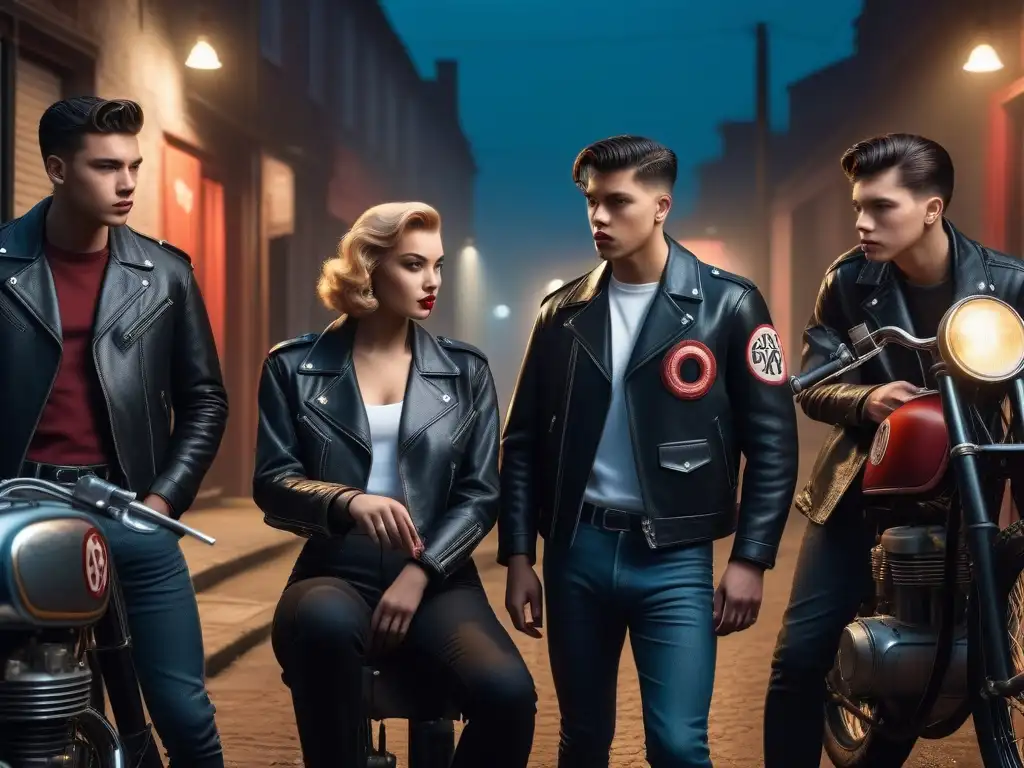 Juventud rebelde de los 50: cazadoras de cuero, motos y actitud desafiante Un grupo de rebeldes adolescentes de los años 50 con chaquetas de cuero, fumando y junto a motocicletas vintage en un callejón