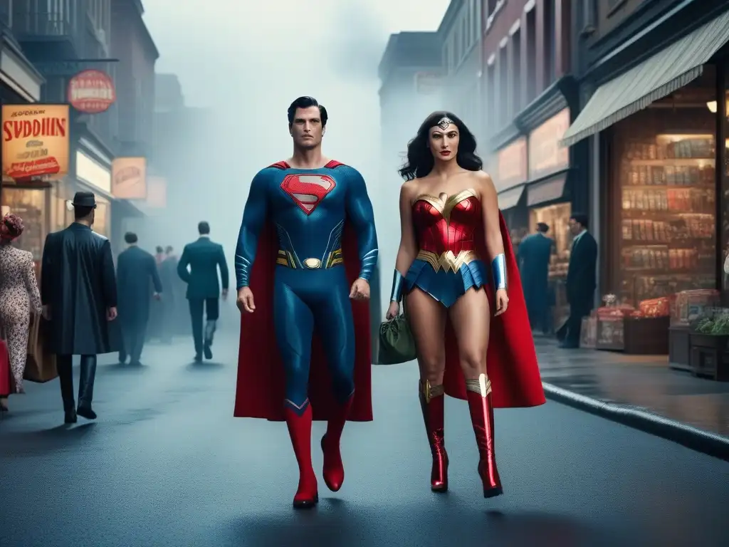 Superhéroes retro en la ciudad: moda vintage y nostalgia Un grupo de superhéroes clásicos de cómics, como Superman y Batman, luciendo moda retro en una calle de tiendas vintage