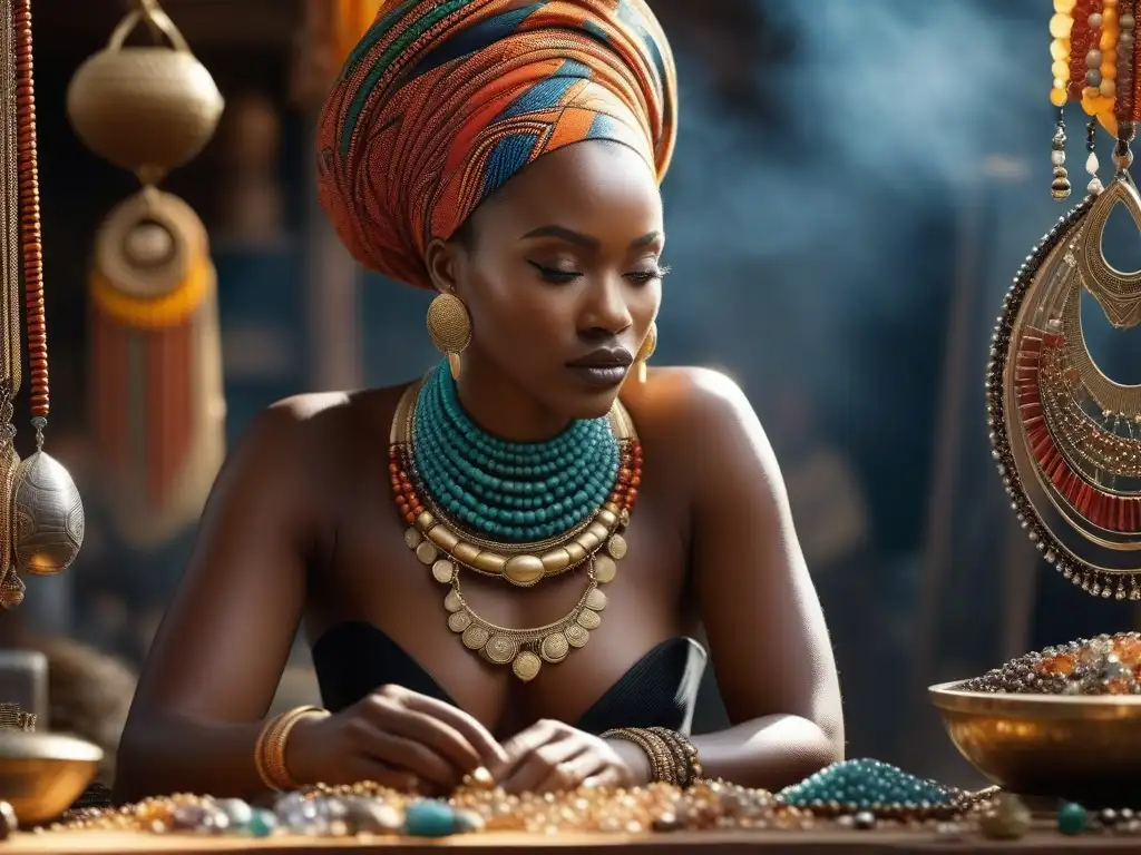Artesano africano crea joyas contemporáneas en mercado vibrante Un hábil artesano africano crea joyería contemporánea rodeado de gemas y herramientas en un bullicioso mercado africano