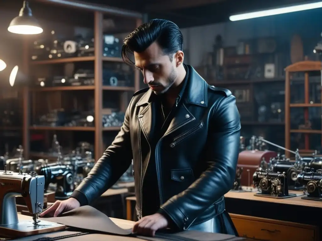 Maestro de la moda: Hedi Slimane confeccionando una chaqueta vintage Hedi Slimane creando una chaqueta de cuero vintage en su taller lleno de moda retro rock and roll
