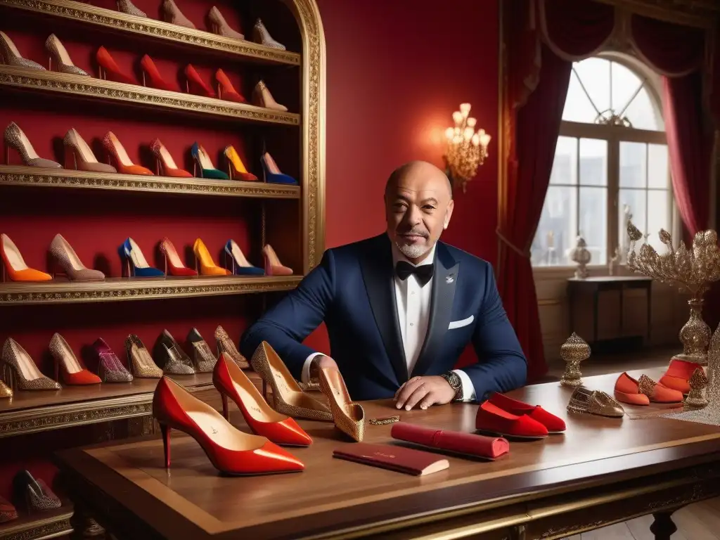 Diseño detallado de suelas rojas en el atelier de Christian Louboutin Hermosa imagen: Christian Louboutin diseñando una suela roja en su elegante atelier parisino, rodeado de materiales lujosos y tacones icónicos