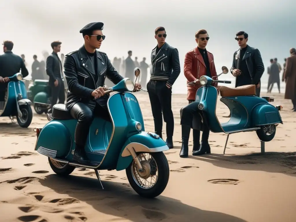 Histórica rivalidad entre Mods y Rockers en una concurrida playa de los años 60 al atardecer