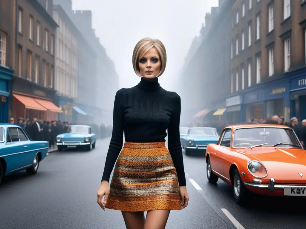 Twiggy: Ícono de la moda de los 60s deslumbrando en la ciudad Twiggy, la icónica modelo británica de los años 60, deslumbrando en una vibrante minifalda en la bulliciosa ciudad