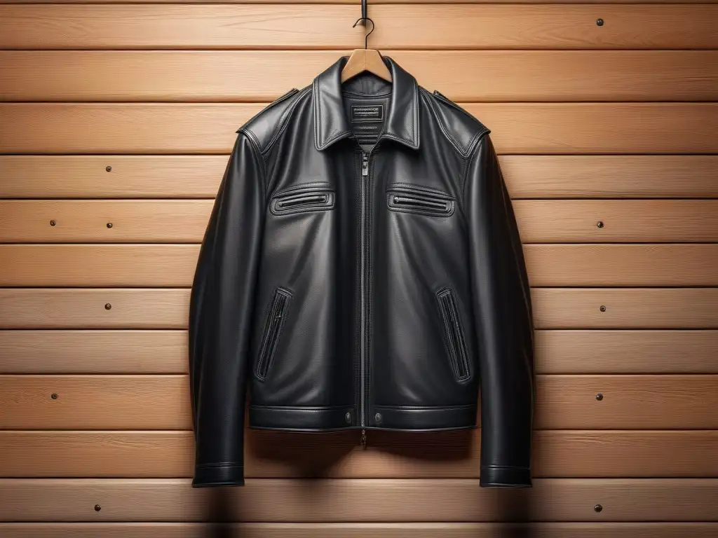Una icónica chaqueta de cuero retro 80s envejecida, colgando en percha de madera, resaltando su textura y carácter