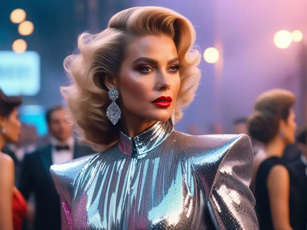 Ícono de la moda de los 80 en el Met Gala Una icónica fashionista de los 80 en el Met Gala, con vestido brillante y extravagante