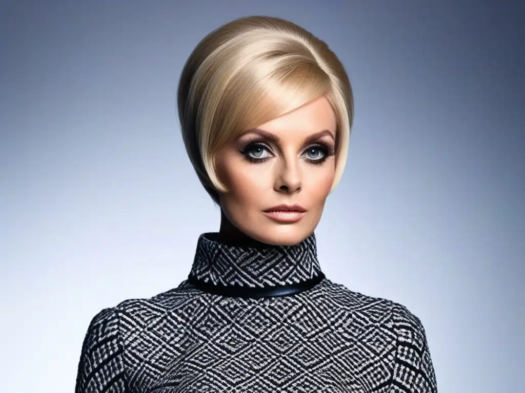 Twiggy: icónica modelo de los 60 en atuendo mod Una icónica modelo de los años 60, Twiggy, posa con estilo mod en un vestido geométrico y botas altas