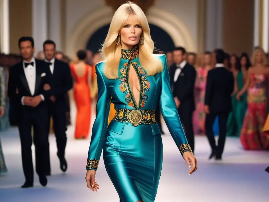 Claudia Schiffer deslumbra en desfile de moda Versace de los 90s Claudia Schiffer deslumbra en un icónico atuendo de Versace de los 90, en una pasarela llena de moda retro años 90 Versace