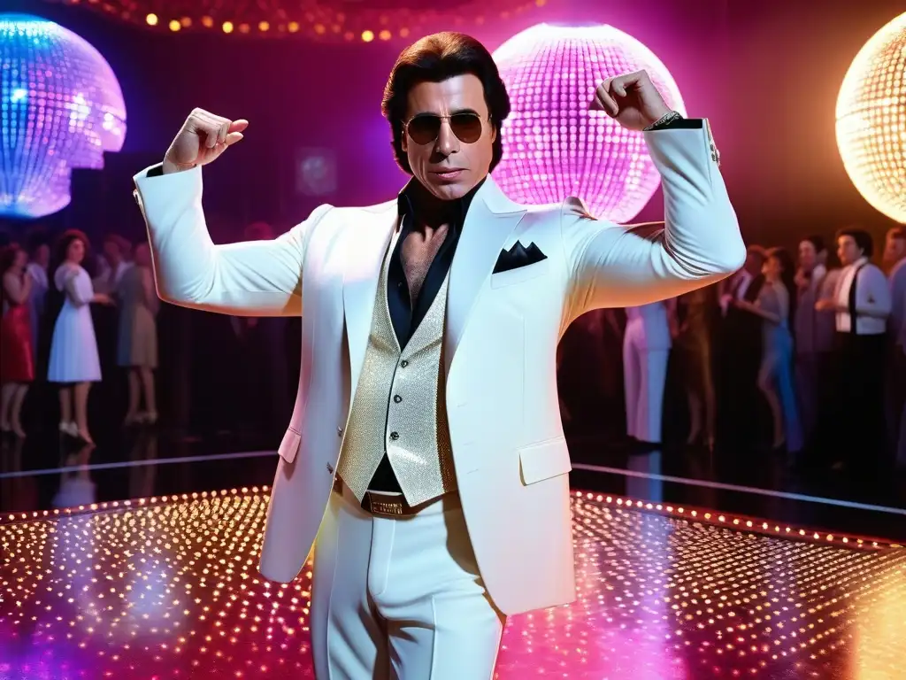 John Travolta en su icónico traje blanco de 'Fiebre del sábado noche', bailando bajo la bola de discoteca
