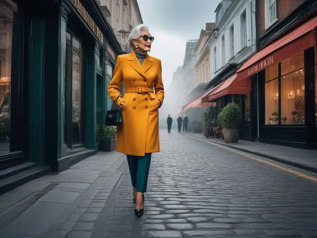 Estilo atemporal: ícono de moda deslumbrando en la ciudad Un icono de la moda mayor redefiniendo el estilo retro con elegancia en una concurrida calle de la ciudad