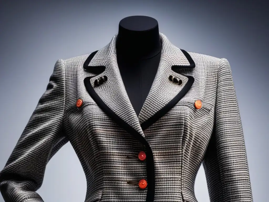 Chaqueta vintage Chanel: detalle y color vibrante para inversión Íconos moda retro inversión potencial: Chaqueta tweed vintage de Chanel con colores vibrantes y detalles intrincados en maniquí elegante