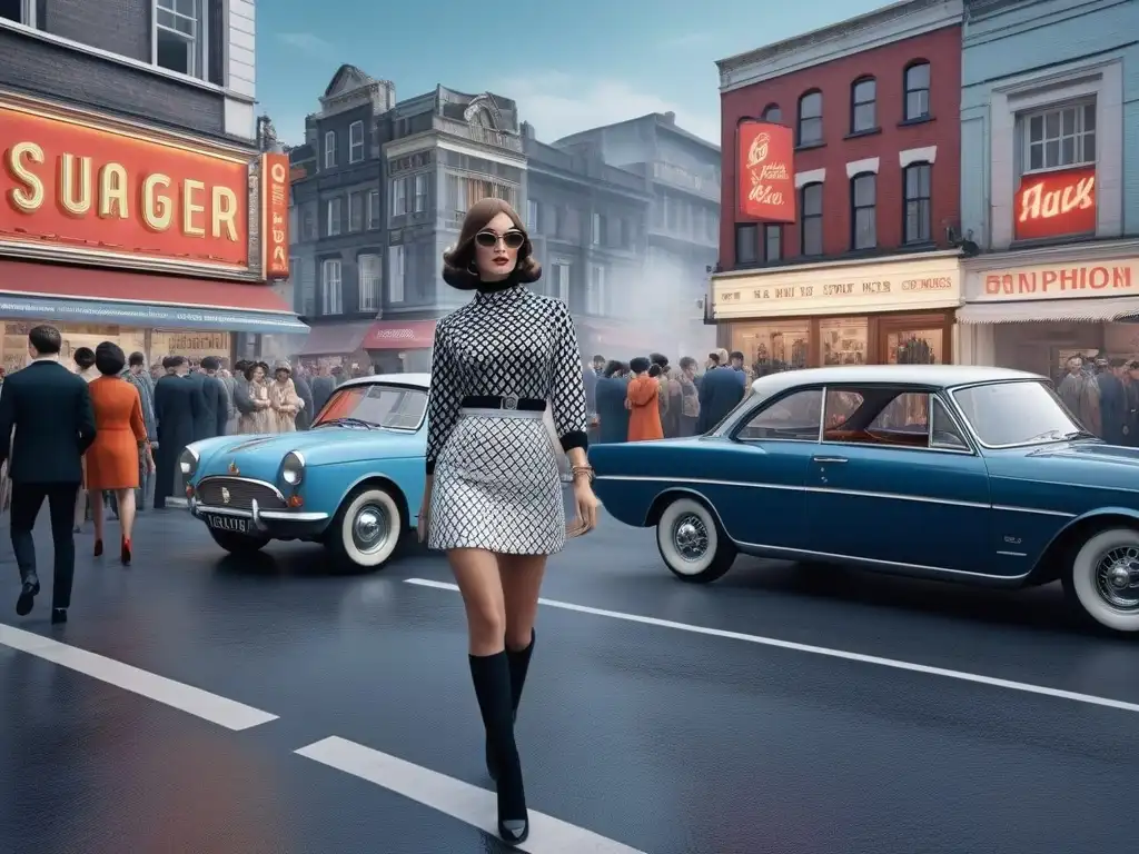 Escena urbana animada: moda retro de los años 60 Una ilustración detallada y fotorrealista de una concurrida calle de ciudad en los años 60, con moda retro y el auge de la minifalda