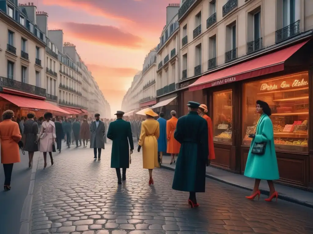 París en los 80: Moda vibrante y escenas urbanas Una ilustración hiperrealista de una bulliciosa calle parisina en los años 80 con tendencias moda retro años 80