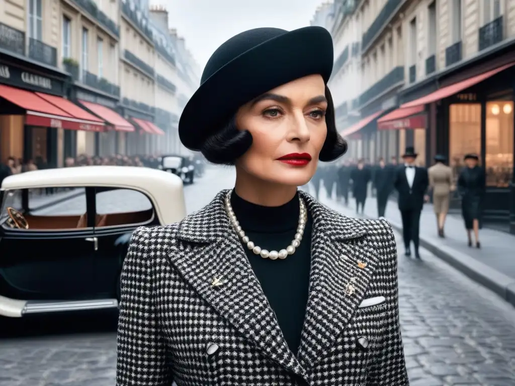 Una imagen de alta resolución que retrata a Coco Chanel, pionera de la moda del siglo XX, caminando por una calle parisina en su icónico traje de tweed en blanco y negro, con un collar de perlas y un elegante corte de cabello bob, rodeada de boutiques y admiradores de su estilo rev