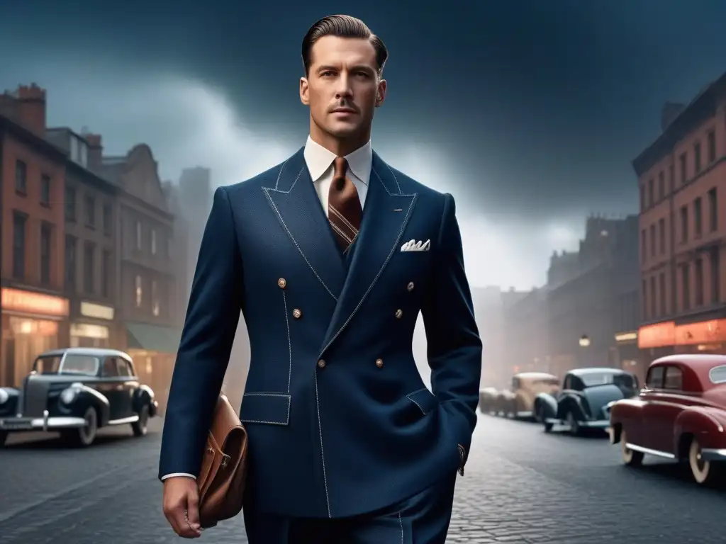 Traje 1940s: Elegancia tecnológica en la ciudad Imagen de un caballero elegante de los 40 con traje de vanguardia fusionando materiales y tecnología