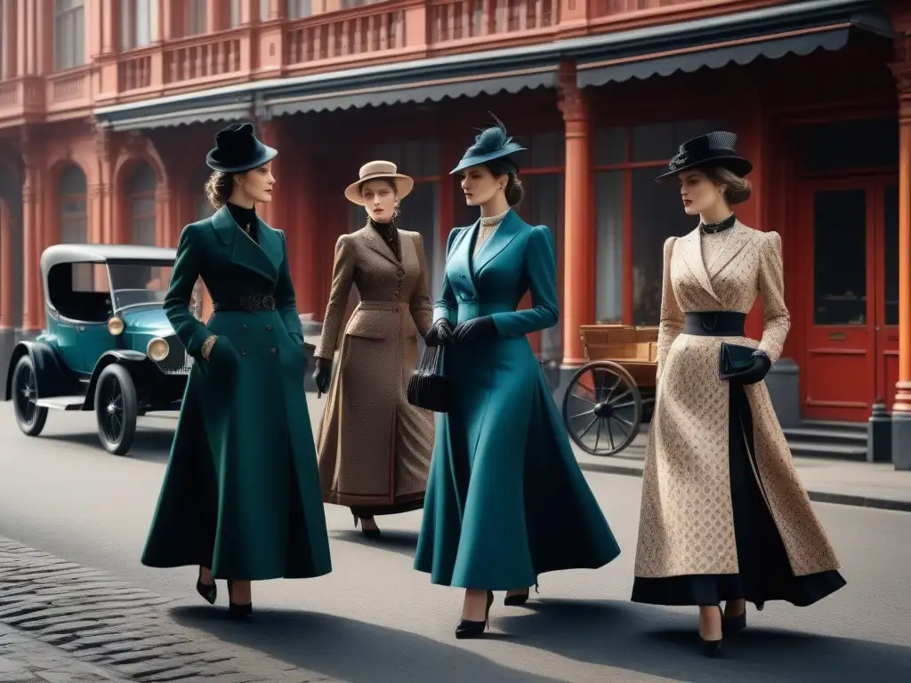 Evocando la moda de los años 1910: Mujeres en vestimenta detallada Imagen detallada de mujeres en atuendo de los años 1910s, evolución de la moda retro siglo XX en una calle de ciudad bulliciosa