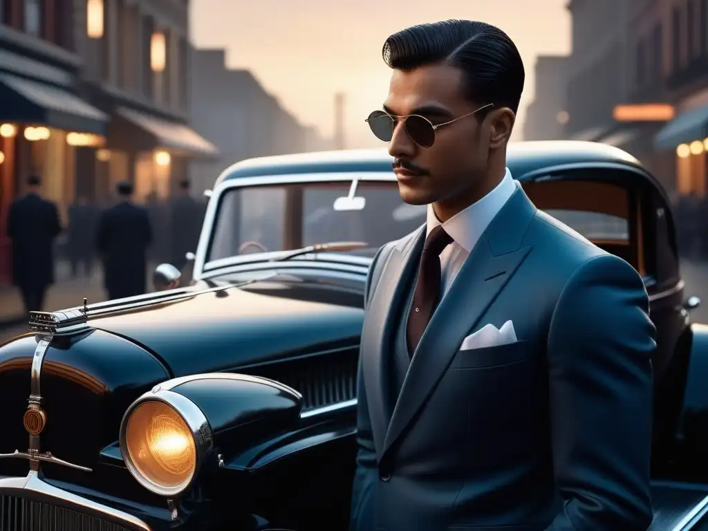 Imagen detallada de músico de jazz de los años 20 con boquilla larga, elegante junto a un auto clásico en la noche de la ciudad